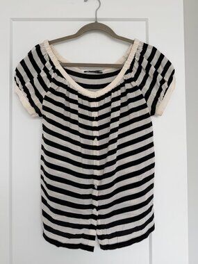 100% Silk Club Monaco Black & White Stripe Blouse